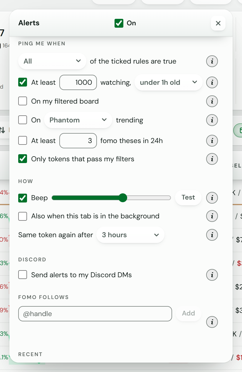 The Alerts panel with its rules
